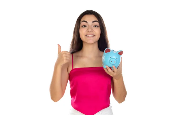 Jonge Mooie Vrouw Permanent Met Piggy Bank Spaarpot — Stockfoto