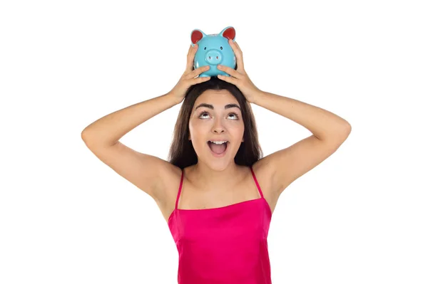 Surprised Young Beautiful Woman Standing Piggy Bank Money Box Isolated — Stock Photo, Image