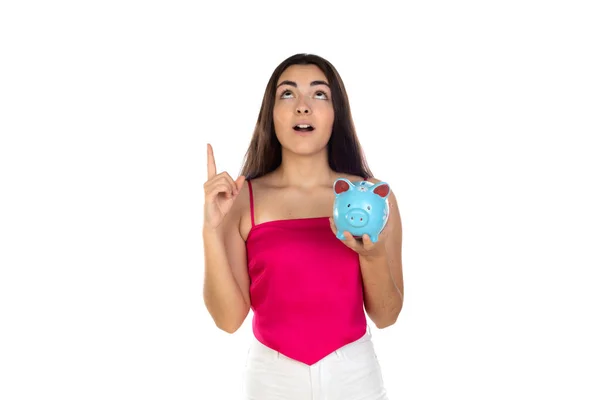 Brunette Young Girl Holding Money Box Isolated White Background Savings — Stock Photo, Image