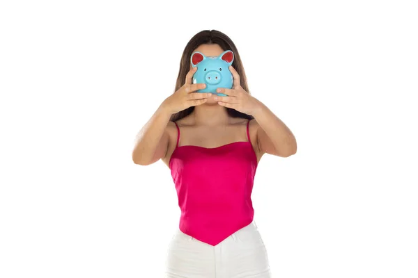 Brunette Young Girl Holding Money Box Isolated White Background Savings — Stock Photo, Image