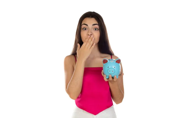 Brunette Young Girl Holding Money Box Isolated White Background Savings — Stock Photo, Image