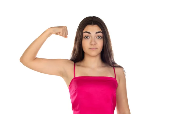 Strong Powerful Brunette Woman Raises Arms Shows Biceps Wears Casual — Stock Photo, Image