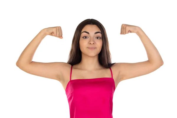 Strong Powerful Brunette Woman Raises Arms Shows Biceps Wears Casual — Stock Photo, Image