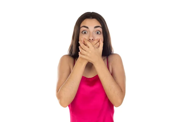 Astonished Brunette Young Girl Covering Her Mouth Isolated White Background — Stock Photo, Image