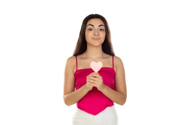 Valentines Day Concept Portrait Cute Teen Girl Pink Heart Isolated — Stock Photo, Image