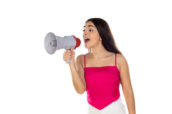 Jong Brunette Vrouw Schreeuwen Met Een Megafoon Tegen Een Wit — Stockfoto