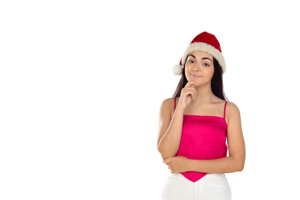 Menina Morena Bonita Chapéu Santa Claus Isolado Fundo Branco Com — Fotografia de Stock