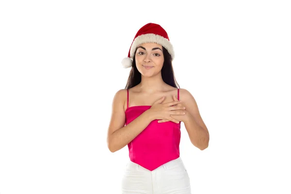 Bella Ragazza Bruna Cappello Babbo Natale Isolato Sfondo Bianco Con — Foto Stock