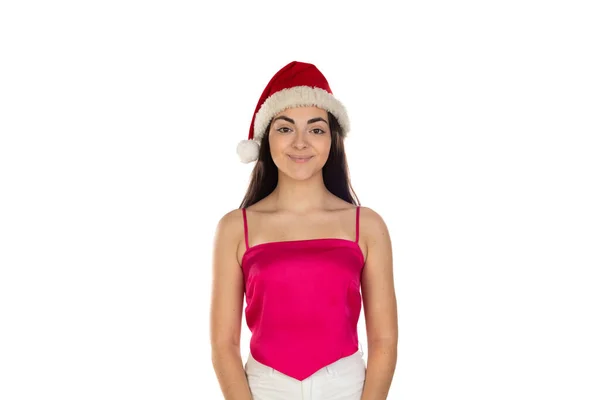 Όμορφη Μελαχρινή Κοπέλα Στο Καπέλο Santa Claus Απομονώνονται Λευκό Φόντο — Φωτογραφία Αρχείου