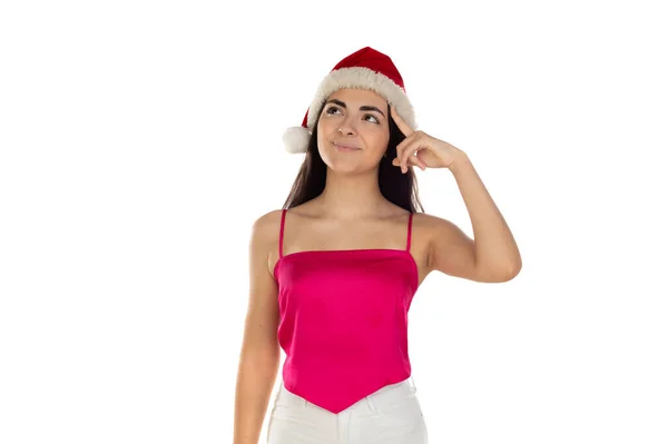 Όμορφη Μελαχρινή Κοπέλα Στο Καπέλο Santa Claus Απομονώνονται Λευκό Φόντο — Φωτογραφία Αρχείου