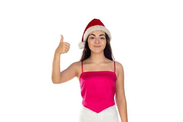 클라우스 모자를 아름다운 소녀가 배경에 고립되어 크리스마스와 선물을 판매를 — 스톡 사진