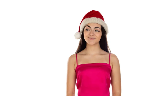 美しいブルネットの女の子でサンタクラスの帽子隔離された白い背景にコピースペース クリスマスや新年のための贈り物を購入する時間 割引や販売 — ストック写真