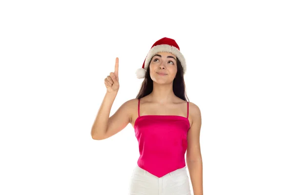 Hermosa Chica Morena Sombrero Santa Claus Aislado Sobre Fondo Blanco —  Fotos de Stock