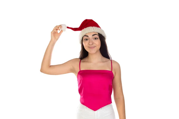 美しいブルネットの女の子でサンタクラスの帽子隔離された白い背景にコピースペース クリスマスや新年のための贈り物を購入する時間 割引や販売 — ストック写真