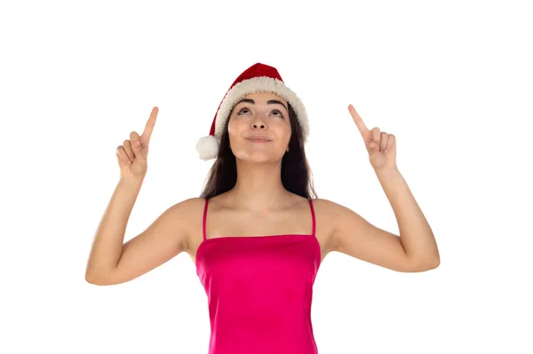 Bella Ragazza Bruna Cappello Babbo Natale Isolato Sfondo Bianco Con — Foto Stock