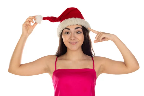 漂亮的黑发女孩 戴着白色背景的圣爪帽 有复制的空间 有时间买圣诞礼物和新年礼物 打折销售 — 图库照片