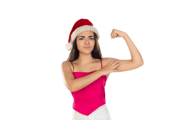 Mooi Brunette Meisje Kerstman Hoed Geïsoleerd Witte Achtergrond Met Kopieerruimte — Stockfoto