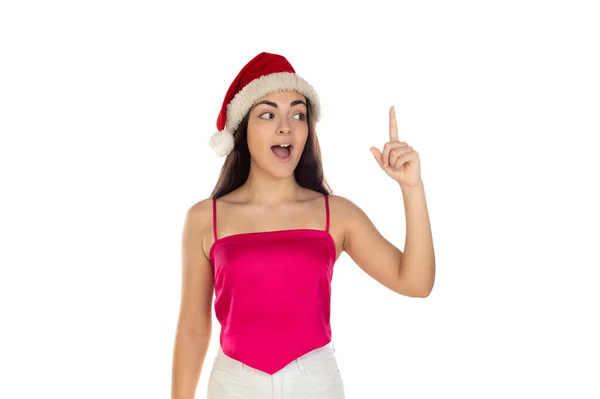 Mooi Brunette Meisje Kerstman Hoed Geïsoleerd Witte Achtergrond Met Kopieerruimte — Stockfoto