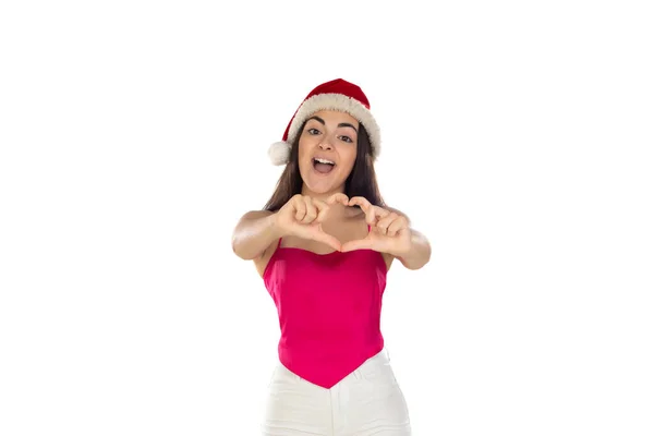 Bella Ragazza Bruna Cappello Babbo Natale Isolato Sfondo Bianco Con — Foto Stock