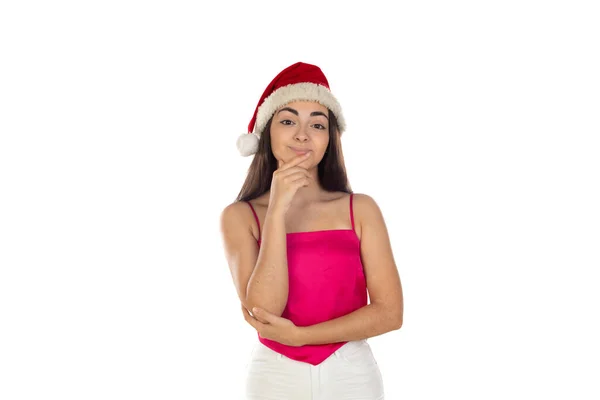 Schöne Brünette Mädchen Weihnachtsmann Hut Isoliert Auf Weißem Hintergrund Mit — Stockfoto