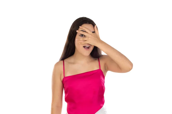 Brunette Surprised Woman Looking Her Fingers Isolated White Background — Stock Photo, Image