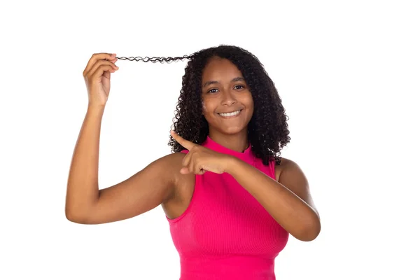 Mujer Joven Sonriendo Con Pelo Rizado Usando Ropa Rosa Sosteniendo — Foto de Stock