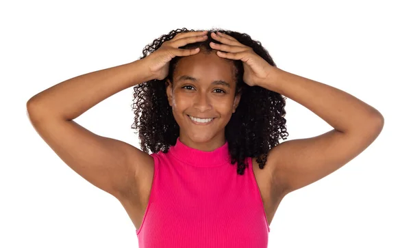 Verbaasd Afrikaans Tiener Meisje Met Krullend Haar Geïsoleerd Een Witte — Stockfoto