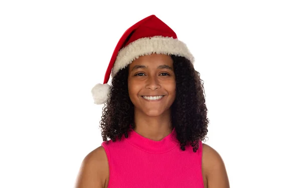 Młoda Afrykańska Dziewczyna Nosi Świąteczny Kapelusz Odosobnionym Tle Różowej Koszulce — Zdjęcie stockowe