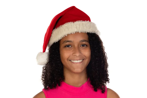 Νεαρή Αφροαμερικανή Που Φοράει Χριστουγεννιάτικο Καπέλο Απομονωμένο Φόντο Φορώντας Ροζ — Φωτογραφία Αρχείου