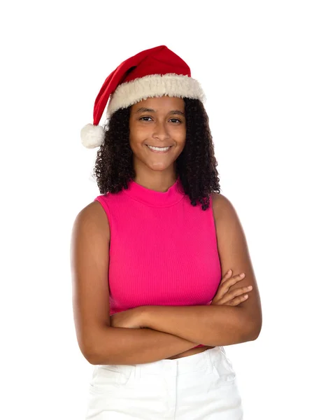 Νεαρή Αφροαμερικανή Που Φοράει Χριστουγεννιάτικο Καπέλο Απομονωμένο Φόντο Φορώντας Ροζ — Φωτογραφία Αρχείου