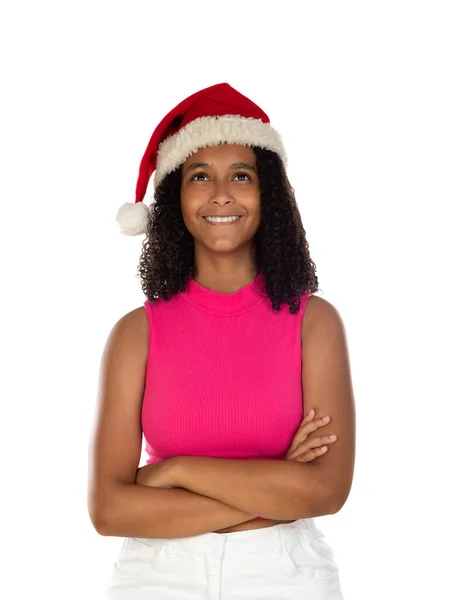 Ung Afrikansk Amerikansk Flicka Bär Jul Hatt Över Isolerad Bakgrund — Stockfoto