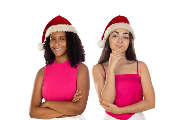 Adolescente Meninas Amigo Chapéu Natal Isolado Fundo Branco Feliz Ano — Fotografia de Stock