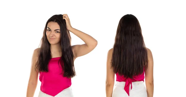 Nettes Brünettes Teenager Mädchen Mit Langen Haaren Trägt Rosa Kleidung — Stockfoto