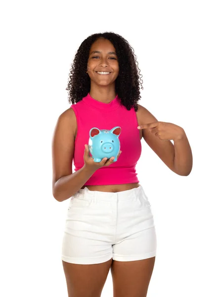 Mladý Africký Americký Dívka Dospívající Student Růžové Oblečení Držení Prase — Stock fotografie