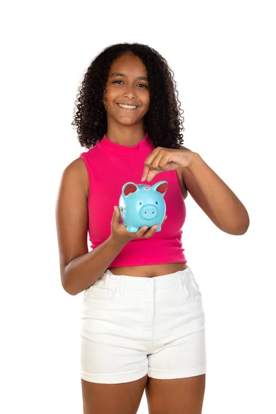 Young African American Girl Teen Student Pink Clothes Holding Pig — Stock Photo, Image