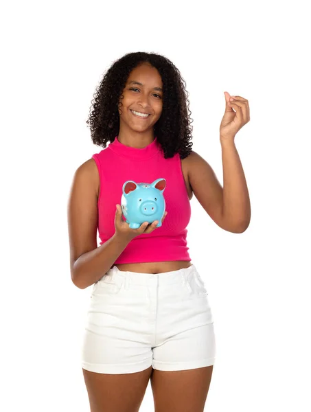Νεαρή Αφρο Αμερικανίδα Έφηβη Μαθήτρια Ροζ Ρούχα Κρατώντας Γουρούνι Απομονωμένο — Φωτογραφία Αρχείου