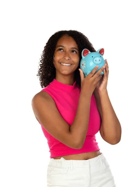 Young African American Girl Teen Student Pink Clothes Holding Pig — Stock Photo, Image