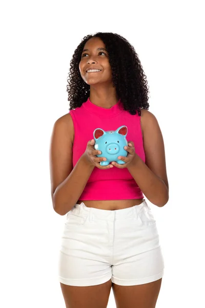 Młody Afroamerykanin Dziewczyna Nastolatek Student Różowym Ubraniu Trzymając Świnię Izolowane Obraz Stockowy
