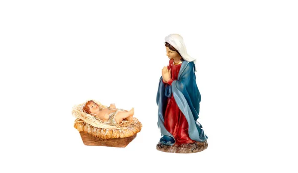 Figurine Céramique Vierge Marie Avec Enfant Jésus Dans Crèche Isolée — Photo