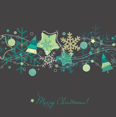 Noel kartı xmas ağacı, kar taneleri ve süslemeler