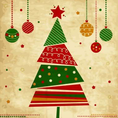 Vintage Noel kartı ile ağaç ve süs eşyaları