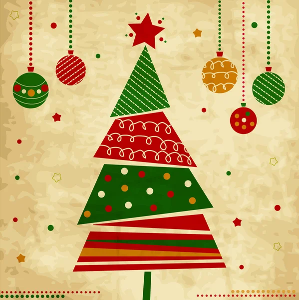 Biglietto natalizio vintage con albero e ornamenti — Vettoriale Stock