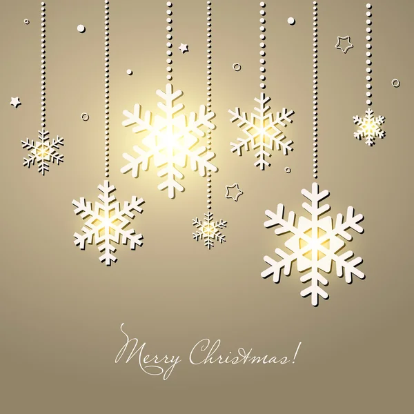 Feliz Navidad tarjeta de oro con copos de nieve brillantes — Vector de stock
