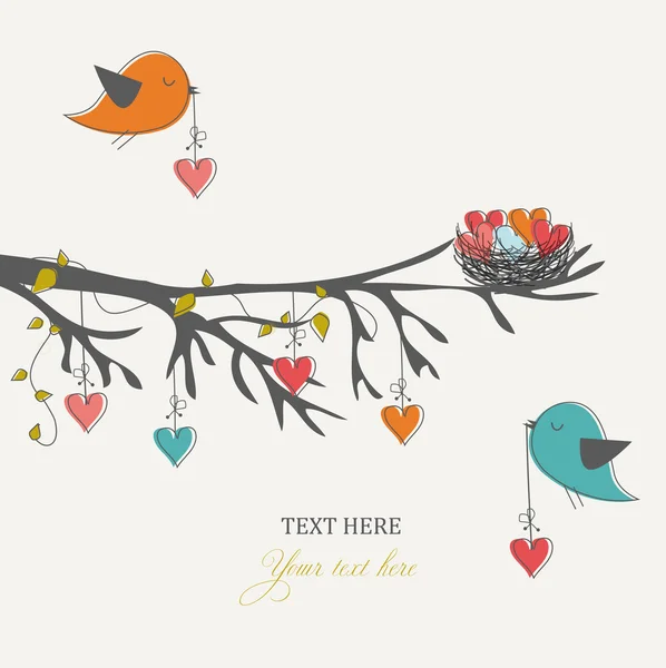 Романтическая открытка на день святого Валентина, птицы и сердца — стоковый вектор