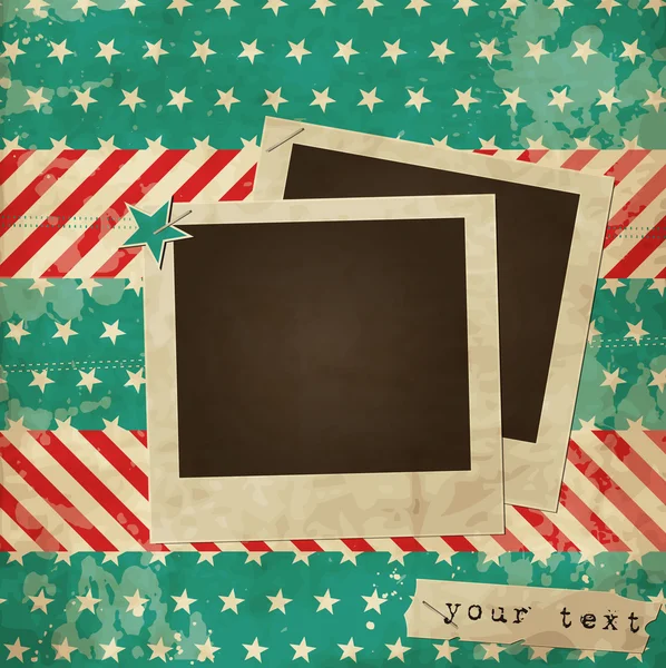 Tarjeta vintage chatarra con marco de fotos, tarjeta vintage bandera americana con estrellas y rayas — Vector de stock