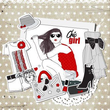 hurda vintage moda şablonu ile kız ve trendy kıyafetler
