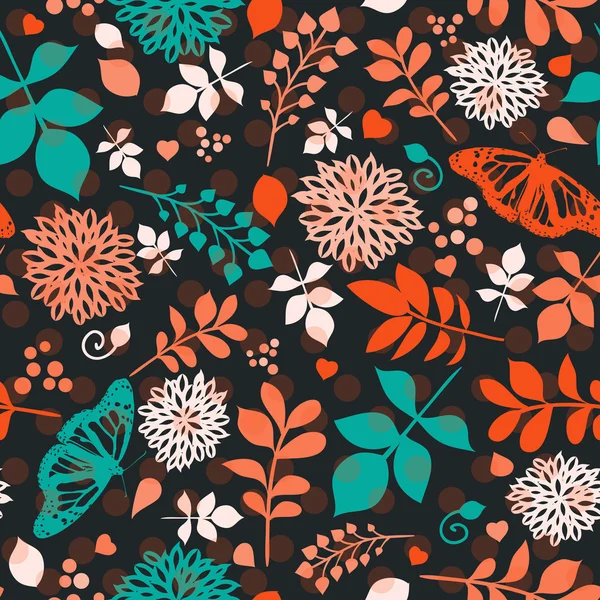 Floral motif lumineux sans couture avec des fleurs, des feuilles et des papillons — Image vectorielle