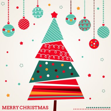 Retro Noel kartı ağaç ve süs eşyaları