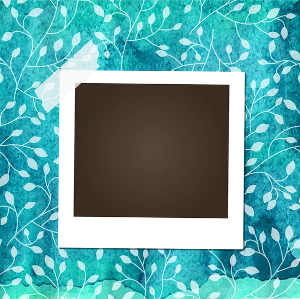 Modèle de ferraille avec cadre photo sur fond bleu aquarelle avec beau motif floral — Image vectorielle