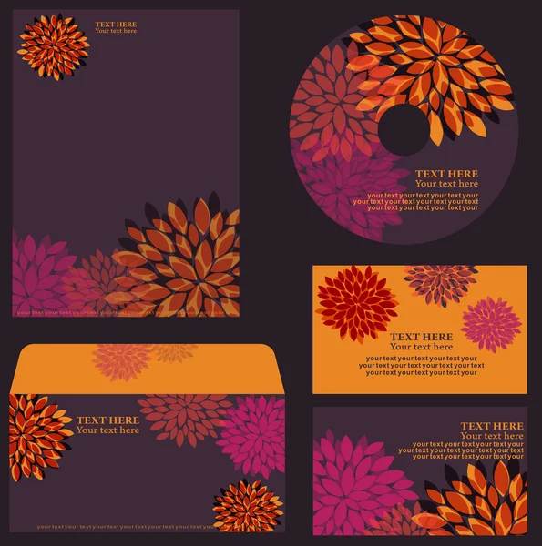 Modèle d'affaires fleuri orange-violet, ensemble d'éléments avec des fleurs lumineuses pour votre conception personnelle pour toute occasion — Image vectorielle